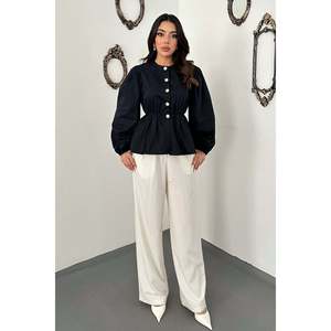 Chemisier bleu marine avec taille élastiquée et manches ballon - Bleu marine - Product Image 3