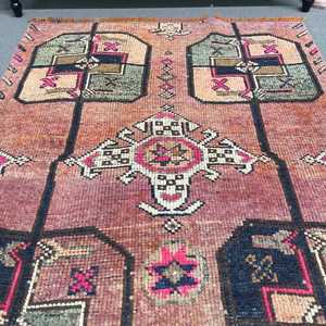 3.3x8.8 ft Rug, Vintage Turkish Rug, <b>Red</b> Blue Bordered <b>Wool</b> Rug - Product Image 3