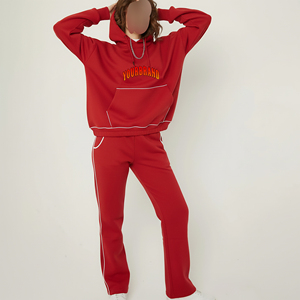 Conjunto Deportivo de Invierno al por Mayor, Encaje Sólido, 100% Algodón, Hombros Caídos, Sudadera con Capucha y Pantalones Acampanados para Mujer, Personalizable - Product Image 4