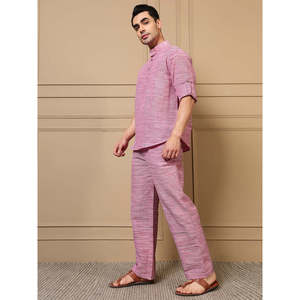 Amanush <b>Men's</b> Pink Textured Plaited Cotton Co-ord Set Full Sleeve Mandrin Collar <b>Kurta</b> With <b>Pajama</b> Casual Summer Wear Outfit - Product Image 3