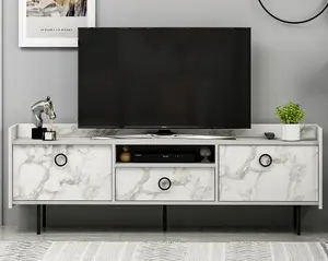Home Design T0015 Tv Stand Wood White - Orma Marble Premium Quality Cabinet With Doors Black Leg Elegance Living Room Furniture