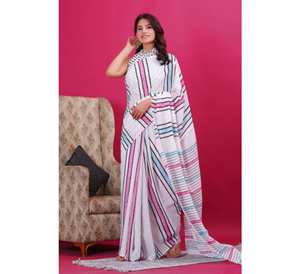 ชุดส่าหรีผ้าฝ้ายสำหรับผู้หญิงชุดปาร์ตี้ผ้าส่าหรีลายพิมพ์ด้วยมือดูสง่างามชุดฤดูร้อนสีสวย - Product Image 1