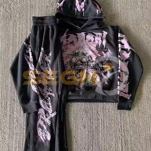 Sun Faded Joggers Distressed Men Faded Acid Sun Wash Set Pantalones de chándal bordados DTG Logo Hoodie Sweatsuit Pantalones acampanados Chándal - Product Image 5
