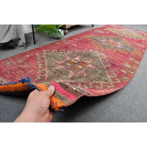 Alfombra Bohemia turca vintage de 3,5x10,6 pies, lana roja y marrón con patrones rectangulares de pasillo de retazos abstractos para entrada - Product Image 3