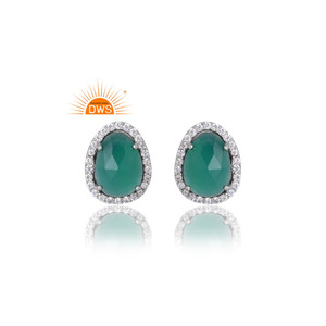 Pendientes de Plata de Ley con Diseño Personalizado, Chapados en Paladio, con Ónix Verde Natural y Circonita, Joyería de Diseño Personalizado para Mujer - Product Image 1