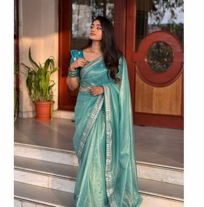 Sari élégant de style Bollywood + Blouse avec bordure en dentelle, tissu en viscose pure et douce, base en tissu Zari pour les fêtes, vêtements indiens - Product Image 2