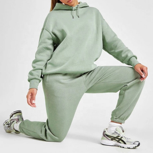 Nouvel ensemble de survêtement pour femme en vert olive surdimensionné à épaules tombantes, 2 pièces, sweat à capuche et pantalon de jogging avec poche kangourou, 100% coton - Product Image 2