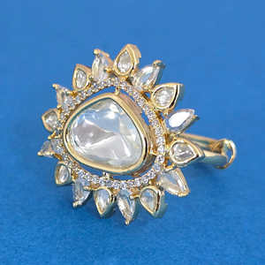 Handmade Adjustable Kundan <b>Ring</b> From India Fashionable Jewelry with Carat Gold Plating - Product Image 6