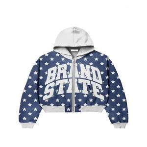 Sweat-shirt à capuche thermique surdimensionné zippé personnalisé de haute qualité pour hommes, fabricant de coton graphique vieilli avec strass brodés - Product Image 1