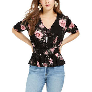 Camicetta e camicia stampata con peplum e vita arricciata nera taglia XS da donna American Rag Juniors' Plus Size - Product Image 1
