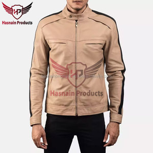 Chaqueta de Cuero Beige Auténtico para Hombre, Cuello con Broches, Manga con Raya Negra, Estilo Café Racer, Personalizada, Vintage, Ropa de Invierno - Product Image 5