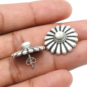 Flower Design White Turquoise Round Bezel Set Minimalist 925 <b>Sterling</b> <b>Silver</b> Precious Gemstone <b>Stud</b> Earring Jewelry for Women - Product Image 3