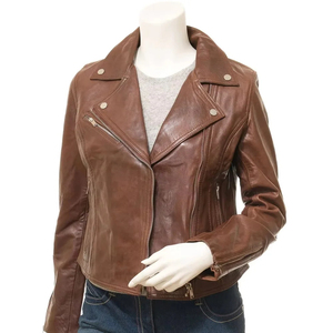 Premium Custom Women Brown Genuine <b>Leather</b> <b>Biker</b> <b>Jacket</b> Slim Fit Asymmetric Zipper Ladies Motorcycle Outerwear - Product Image 3