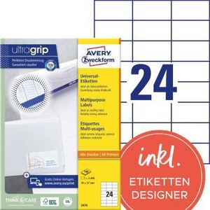 Etiquetas de Papel Blanco Avery Zweckform Ultragrip 70 x 37 mm, No Removibles, Universales, 2400/Paquete, Papel de Oficina - Product Image 1