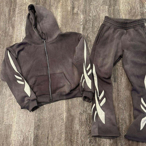 Customized Men's Winter Hooded <b>Tracksuit</b> Set Solid Puff Printing Flared Jogger Pant Sweatsuit Hoodie Custom Design 100% Cotton - Product Image 4