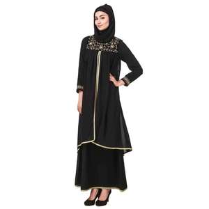 Abaya Negra Bordada en Nida y Georgette AY-707, Doble Capa, Silueta Recta, Largo hasta el Suelo, Asimétrica, en Tela de Chifón - Product Image 2