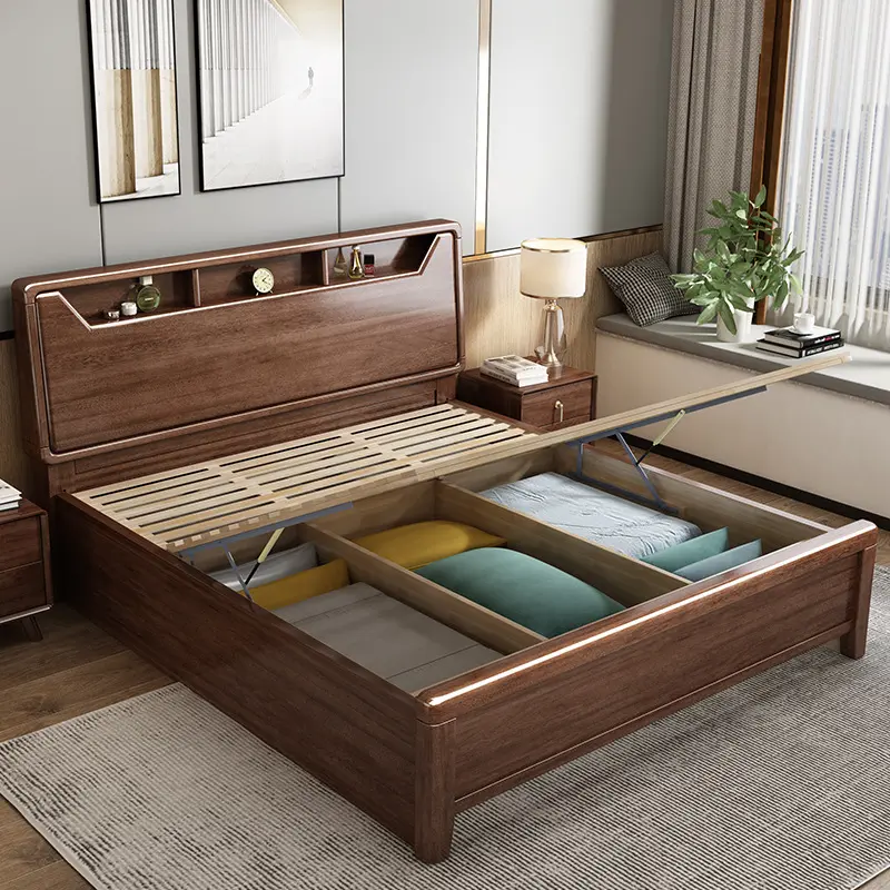 Set furnitur kamar tidur gaya Nordic, Set perabot kamar tidur ukuran Queen 1.5M kilau tinggi tempat tidur kayu padat kamar tidur kayu