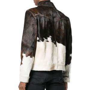 Veste en cuir de vache véritable pour homme, style motard, noir et blanc, imprimé vache, veste d'hiver tendance - Product Image 2