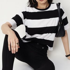 Camiseta extragrande de algodón de alta calidad para mujer, estampado de tiras personalizado con manga larga, ajuste holgado para el verano - Product Image 2