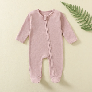 Barboteuses pour bébé en coton tricoté gaufré en polyester avec fermeture éclair Onesie manches longues anti-dérapant vêtements de bébé-bouton pression doux et respirant - Product Image 5