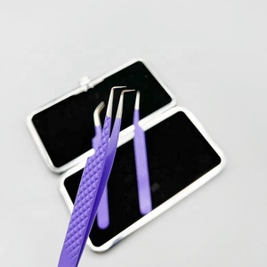 แหนบขนตาปลอมปลายโค้ง J 90องศาตรงโลโก้ส่วนตัวด้ามเพชรสแตนเลสสีม่วงเข้ม - Product Image 5