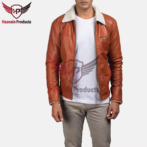Chaqueta de cuero marrón para hombre con cuello de piel de cordero, piel auténtica, estilo casual de invierno, con cremallera. - Product Image 6
