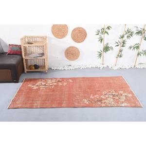 Tapis en laine classique turque Vintage 3.8x6.9 pieds Orange Beige motif floral technique de tissage plat pour adolescent salon latex soutenu - Product Image 1