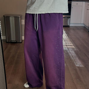 Custom Men's Wide Leg Acid Wash Baggy Flare Sweatpants Cotton <b>Fleece</b> <b>Jogger</b> with Rhinestones Sun Faded Canvas Pants - Product Image 4