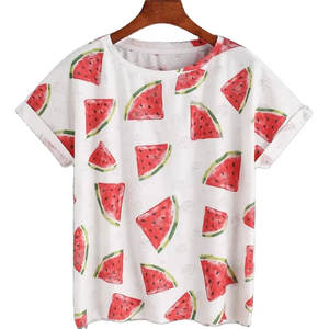 เสื้อยืดแขนสั้นลำลองสำหรับผู้หญิงผ้าฝ้ายพิมพ์ลายเต็มรูปแบบและเส้นใยไม้ไผ่ดีไซน์คลาสสิก - Product Image 4