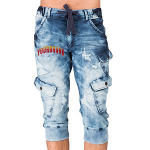 Shorts en jean déchirés 100 % coton grande taille pour hommes avec cordon de serrage, logo personnalisé, ourlet brut, coupe ample, jorts délavés - Product Image 1