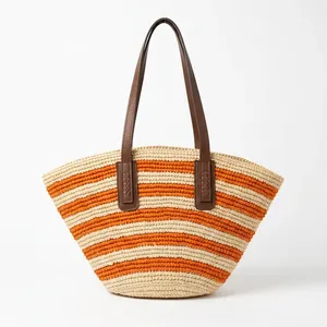 Bolso Tote de Rafia Hecho a Mano en Madagascar, Marca ANA, con Cierre de Cremallera, Forro de Poliéster, Rayas Beige y Naranja, Estilo Bohemio, Bolso de Verano - Product Image 4