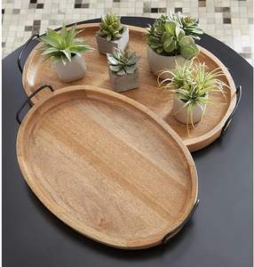 Plateau de service en bois de noyer de qualité supérieure, ensemble de 2 pièces avec poignées en métal, plateau à café brun, plateau en bois décoratif pour la maison et la cuisine - Product Image 3
