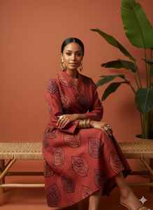 Conjunto de 2 Piezas Ajrakh con Escote Bardot, Diseño de Flores en Crochet, Volantes y Cuentas, en Chifón y Algodón, Secado Rápido y Absorción de Humedad - Product Image 6