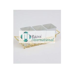 Porte-couverts à trois sections de couleur blanche brillante avec base en métal au design feuille d'or - Product Image 1