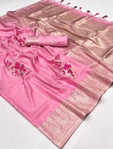 Sari en soie tissé à la main pour femme, style ethnique, avec motifs floraux et broderies Zari, respirant pour toutes les occasions - Product Image 6