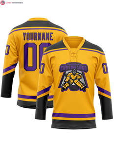 Maillot de hockey personnalisé 100% polyester or rouge-noir avec logo sur le devant col en dentelle Service OEM - Product Image 3