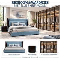 Meubles sur mesure pour toute la maison, canapé-lit modulaire bleu brume, table à manger, armoires de cuisine, armoire, meuble-lavabo de salle de bain
