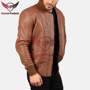 <b>Mens</b> Real Tan <b>Leather</b> Bomber <b>Jacket</b> Rib Collar Zip Sleeve Pocket Quilted Placket Sheepskin Flight Coat Custom Brown Winter Out - Product Image 4