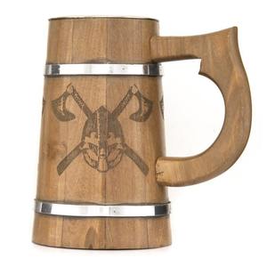 Chope à bière en bois artisanale personnalisée de 20 oz, style ancien, résistante au micro-ondes, motif floral, poignée, utilisation hôtelière, en provenance d'Inde - Product Image 1