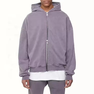 High Quality Men's Oversized Retro Baggy Acid Wash <b>Hoodie</b> 80% Cotton Winter Sun-Faded Heavyweight <b>American</b> Style Two-Way Zipper - Product Image 1