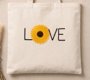 Sunflower LOVE Recyclable Hand Embroidered Canvas Tote <b>Bag</b> 14x16 Inch Custom Logo Cotton Shopper for <b>Women</b> Wholesale - Product Image 6