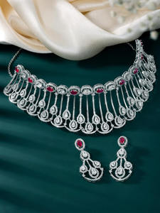 925 Sterling Silver Elegance Choker Necklace and Earring <b>Set</b> Fashion Jewelry with Cubic Zirconia Rhodium Plated Fancy Pattern - Product Image 1