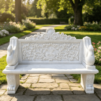 Banc de jardin en marbre blanc avec accoudoir en forme de cygne, décorations florales en relief, style européen, pour villa extérieure, banc en pierre, taille et design personnalisés