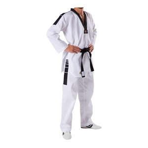 Venta al por mayor Material Arts Training Gi logotipo personalizado cuello negro Taekwondo uniforme personalizado algodón duradero Taekwondo Doboks - Product Image 2