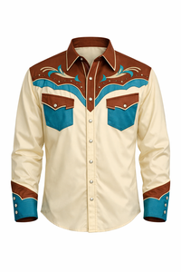 Camisa Vaquera Occidental Unisex Personalizada OEM, Manga Larga, Bordada, Estilo Rodeo, Cierre de Botones, Vintage, Casual, Corte Ajustado, con Ribete en Contraste - Product Image 1