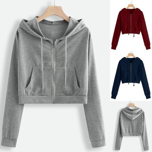 Automne recadrée sweats femmes décontracté solide à manches longues sweats à capuche fermeture éclair poche chemise sweat à capuche hauts - Product Image 2