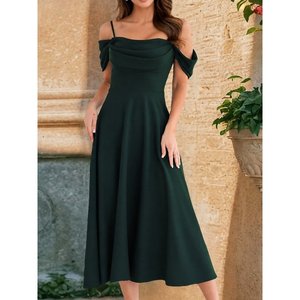 Women's <b>Spaghetti</b> Strap Off-Shoulder Detail Sweetheart Neckline <b>Long</b> Flared Imported Crepe Dress, 34402 - Green - Product Image 1
