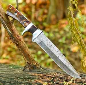 Couteau à lame fixe fait main en gros pour la survie en plein air, le camping, la pêche, la chasse, lame en acier Damas avec étui - Product Image 3