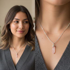 Collar de Moda con Colgante de Cuarzo Rosa en Forma de Bala sobre Cadena de Plata de Ley Chapada en Rodio para Compromiso, Boda y Fiesta - Product Image 6