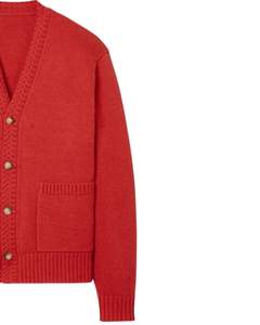 Red Soft Knit <b>Cardigan</b> Sweater <b>With</b> Cozy Warm Fabric And Front <b>Pockets</b> Plus Button Closure For Stylish Cotton Winter Wear - Product Image 3